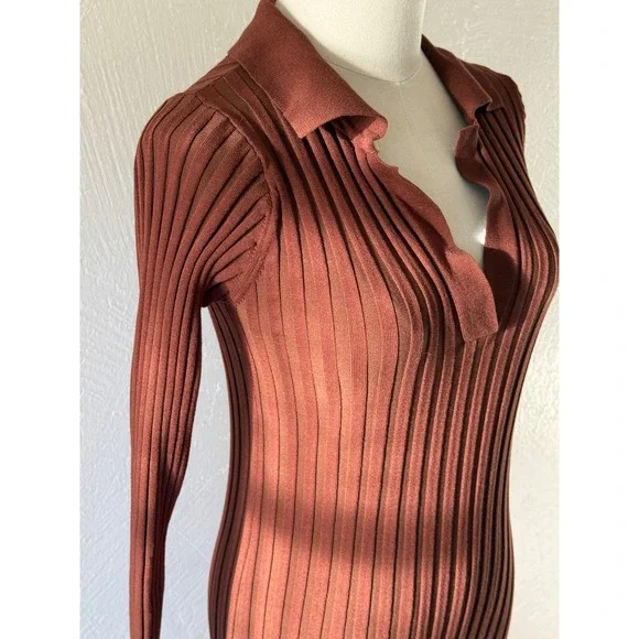 Tularosa Brown Ribbed Knit Mini Dress sz SM Long Sleeve Collared Fitted Bodycon - Picture 3 of 10